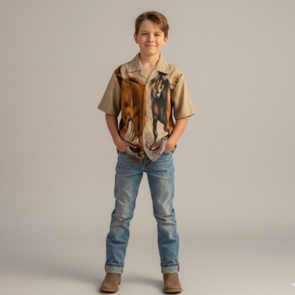Oscar Kids- Boys NWT Horse Graphic Short Sleeve Dress Shirt Size Medium (8)